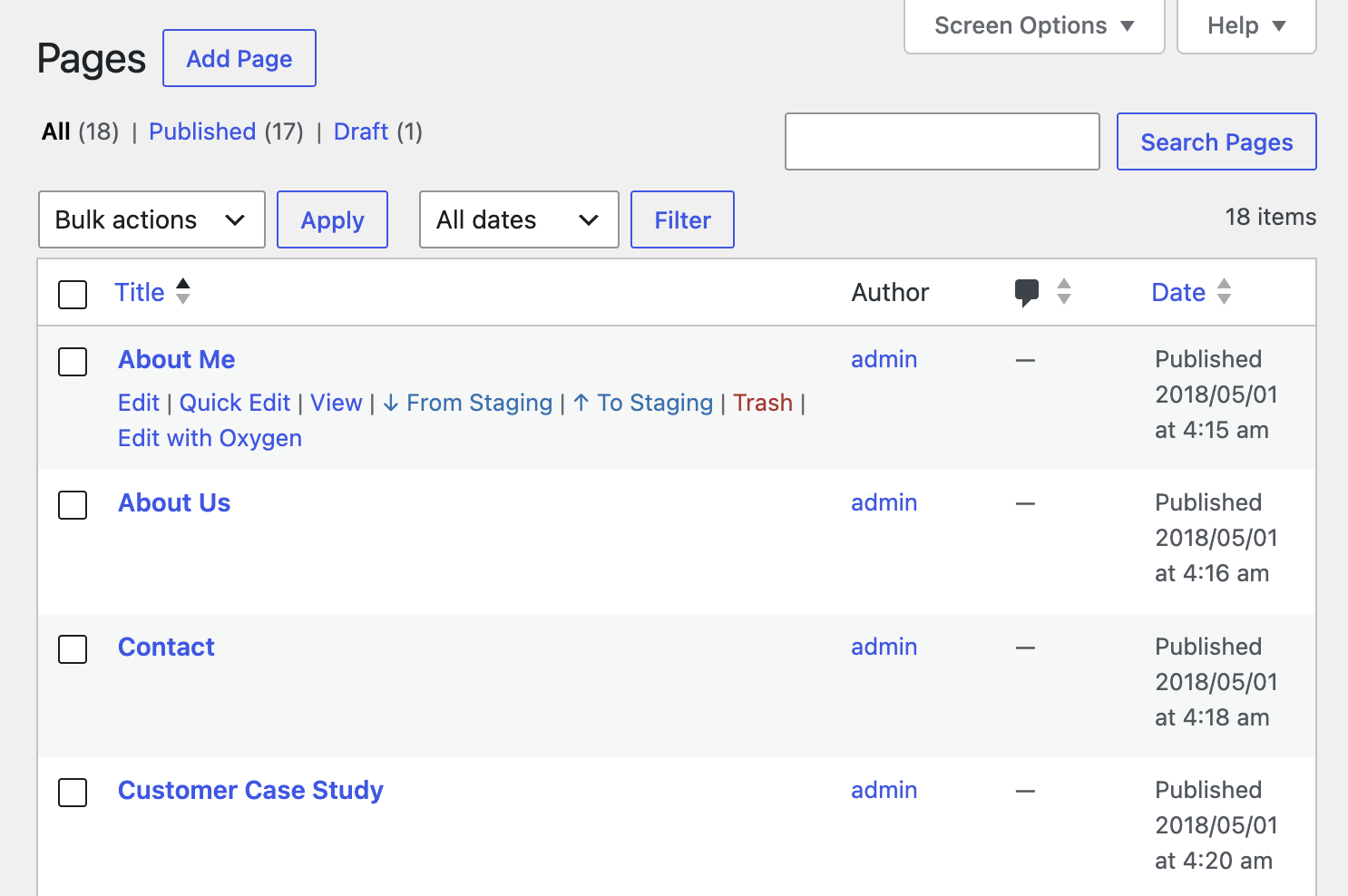Quick Migrate links in the WordPress Pages list: From Staging and To Staging appear inline on each row